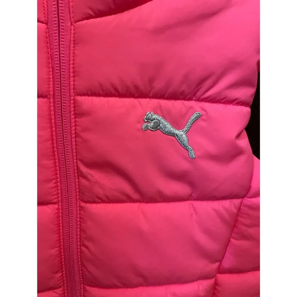 Bright Pink Puma Puffer Vest Girls Size 7/8 Silver Logo Zip Up